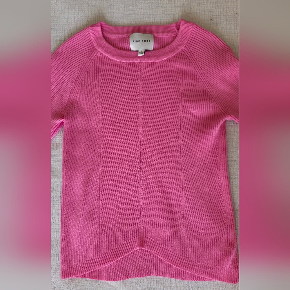 Pink Knit Pullover Sweater Preppy Crew Neck Ribbed Balletecore Coquette Chic - Picture 3 of 6